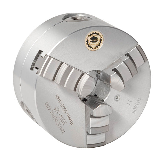 BISON 3504 3-Jaw Self-Centring Scroll Chuck, Steel Body, Solid Jaws, Rear Mount