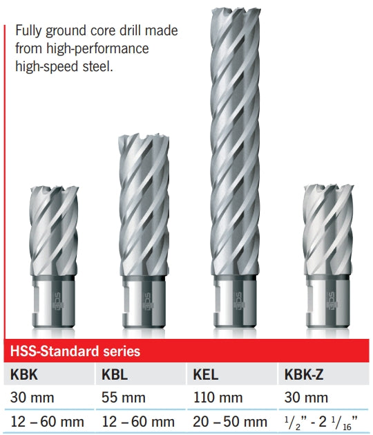 BDS HSS Standard Annular Cutter, Inch Sizes 1/2" – 2 1/16", 30 mm Cutting Depth (KBK-Z)