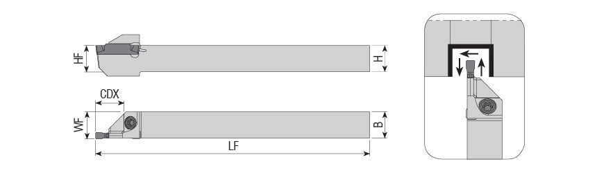 AKKO ADKT-KG-R/L-S External Grooving Toolholder for Swiss-Type Lathes - dimension drawing