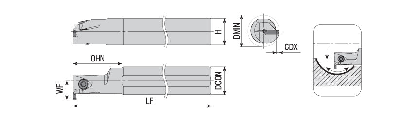 AKKO AIKT-GP-R/L Internal Grooving Toolholder - dimension drawing