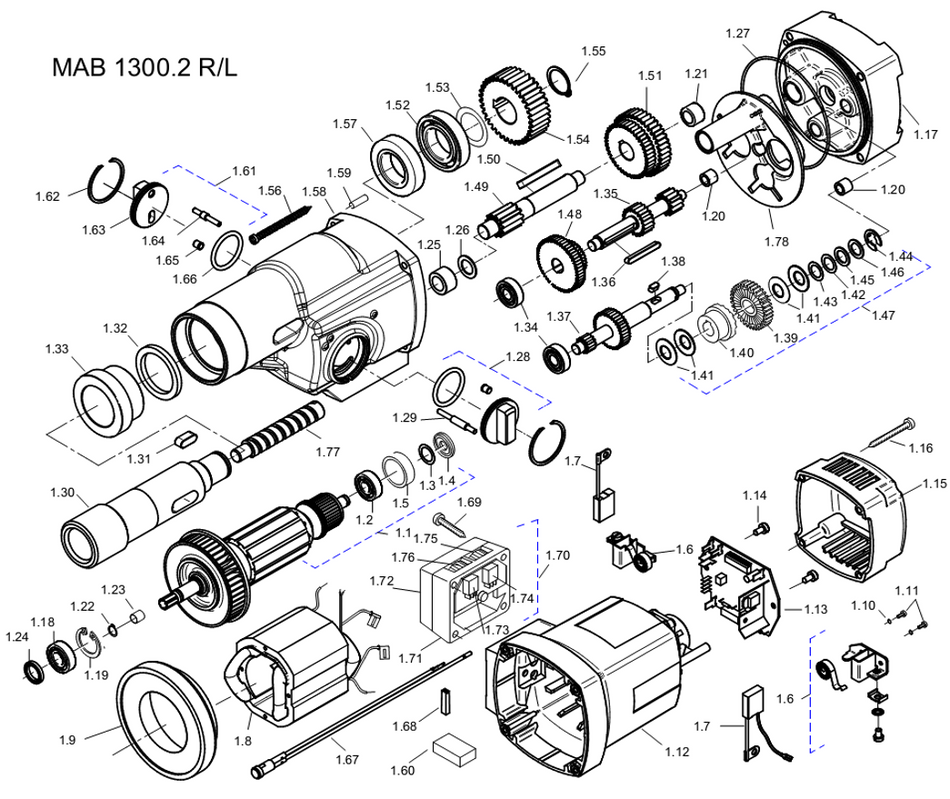 BDS exploded-view parts diagram – MAB 1300 (New Generation) motor unit