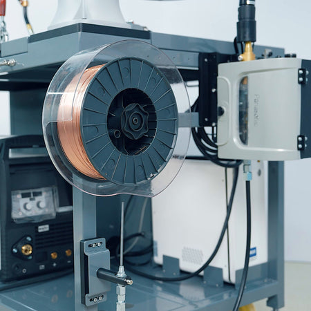 Rear of the Dobot welding platform with wire feeder and welding power source fitted