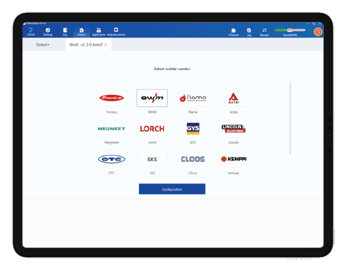 Dobot Welding Process Package step 1 – select the welding machine brand