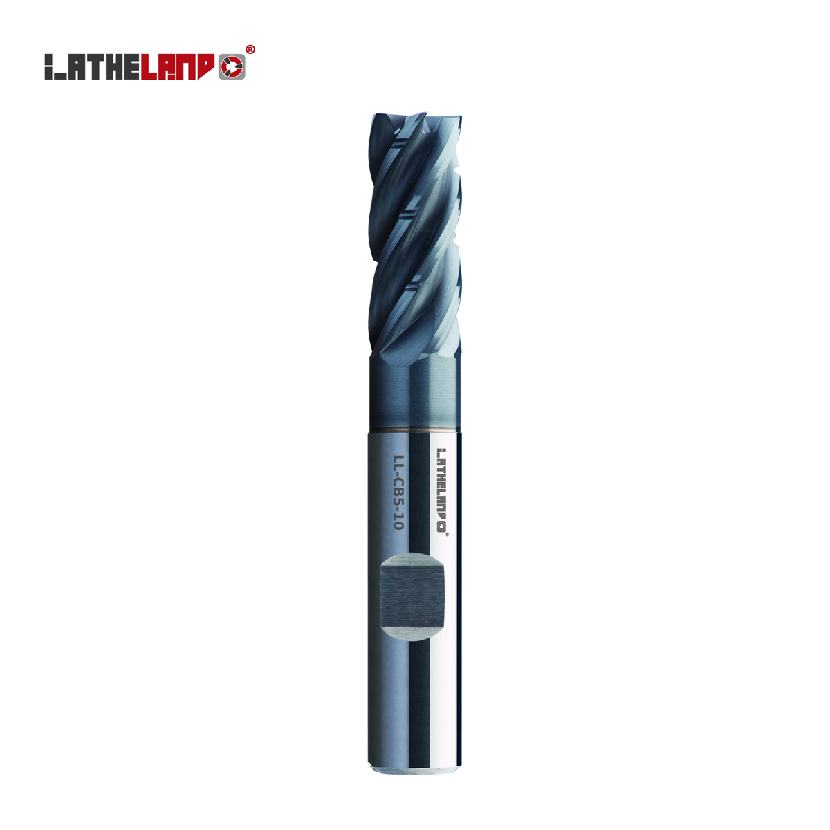 LATHELAND® chip-breaker end mill 2×D, 5 flutes, Weldon shank, AlCrN coated – vertical view