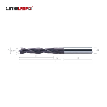 LATHELAND® 5×D coolant-through drill – dimension drawing (D, 140°, l1, l2, l3, L, d2)