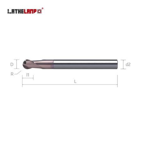 LATHELAND® hard-milling ball nose end mill – dimension drawing (D, R, l1, L, d2)