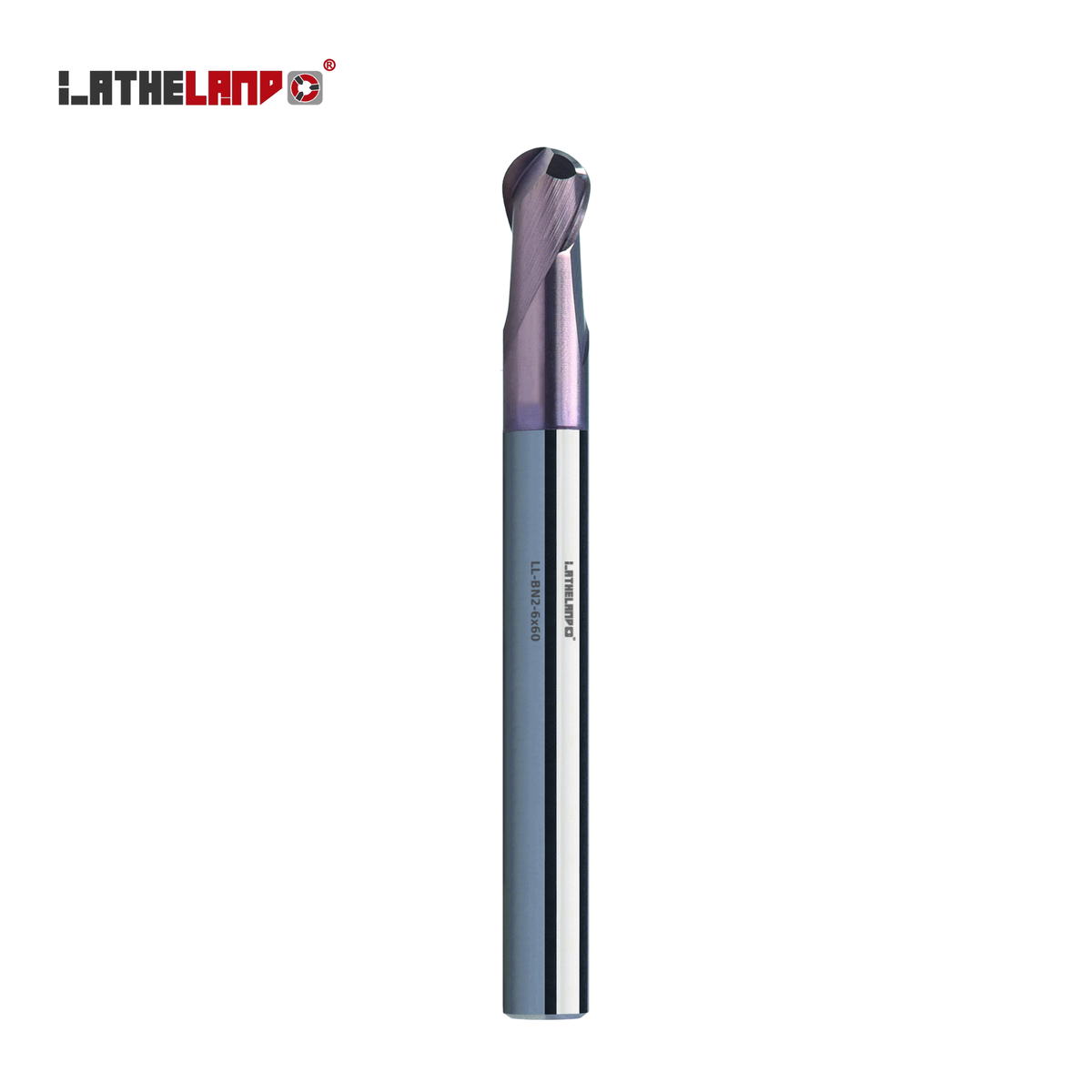 LATHELAND® hard-milling ball nose end mill, 2 flutes, AlTiSiN coated – vertical view