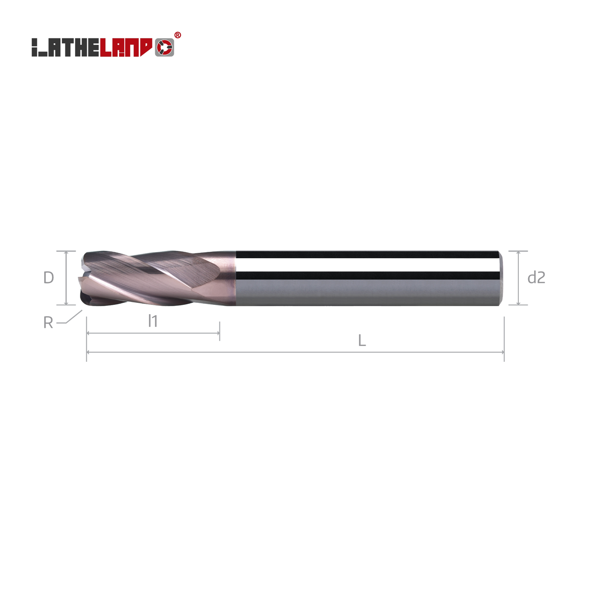 LATHELAND® hard-milling torus end mill – dimension drawing (D, R, l1, L, d2)