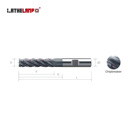 LATHELAND® long chip-breaker end mill 4×D – dimension drawing (D, l1, l2, L, d2)