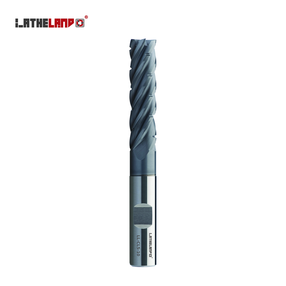 LATHELAND® long chip-breaker end mill 4×D, 5 flutes, Weldon shank, AlCrN coated – vertical view