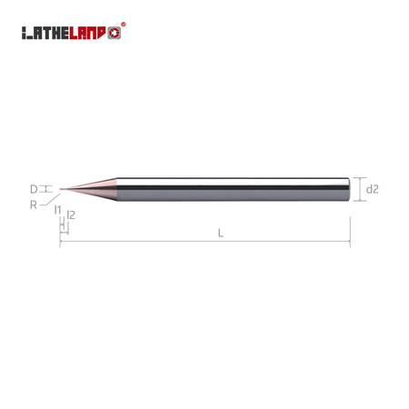 LATHELAND® miniature ball nose end mill – dimension drawing (D, R, l1, l2, L, d2)