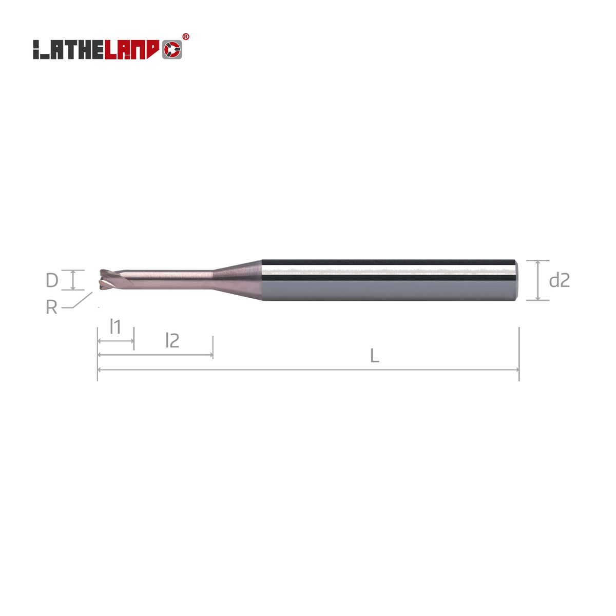 LATHELAND® miniature torus end mill with long neck – dimension drawing (D, R, l1, l2, L, d2)