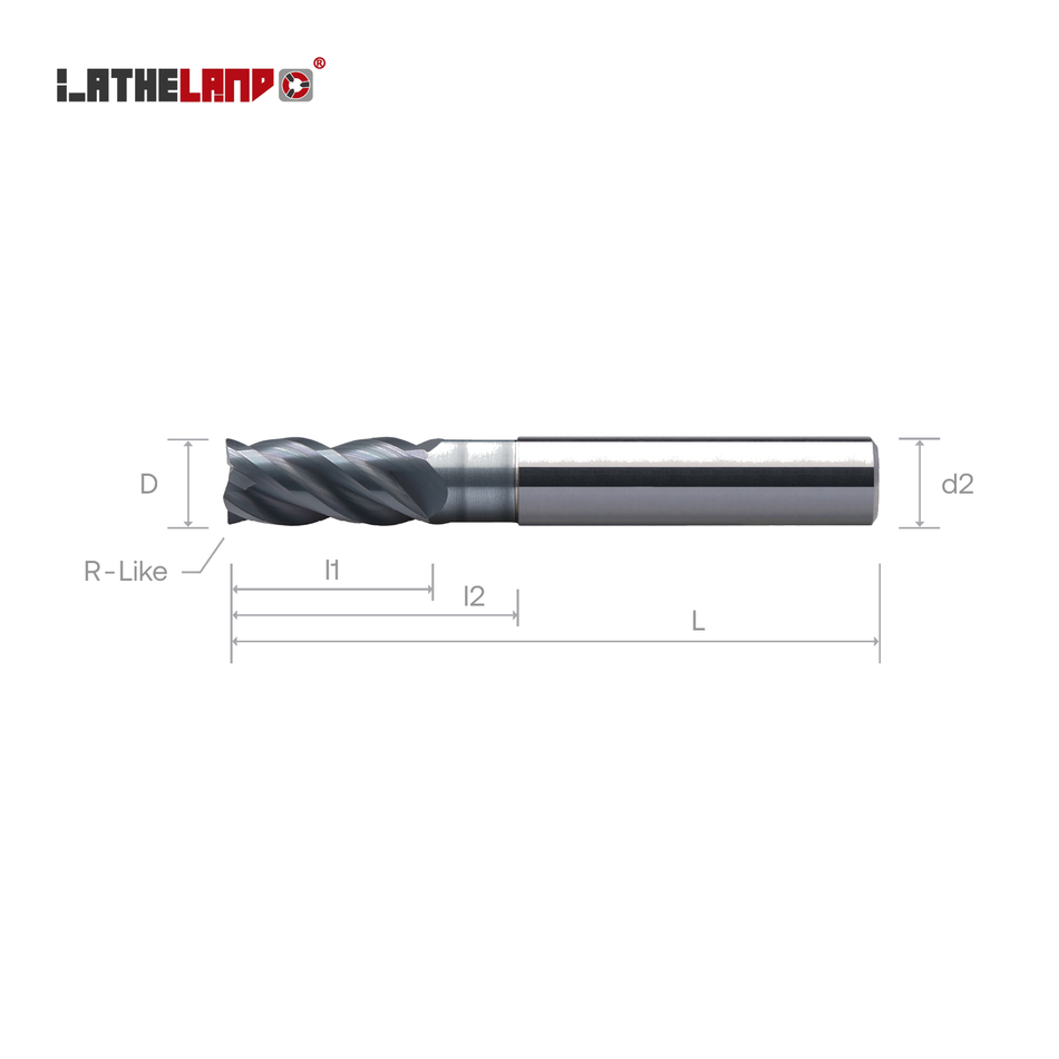 LATHELAND® R-like end mill with recess – dimension drawing (D, R-like, l1, l2, L, d2)