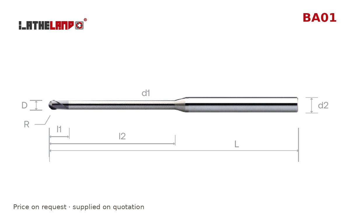 LATHELAND® Miniature Ball Nose Cutter with Long Neck, up to 45 HRC, 4 Flutes – BA01 – dimension drawing