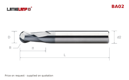 LATHELAND® Ball Nose Cutter, up to 35 HRC, 2 Flutes – BA02 – dimension drawing