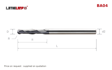 LATHELAND® Extra-Long Ball Nose Cutter, up to 35 HRC, 2 Flutes – BA04 – dimension drawing