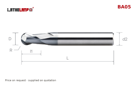 LATHELAND® Ball Nose Cutter, 36–50 HRC, 2 Flutes, AlCrN / AlTiN – BA05 – dimension drawing
