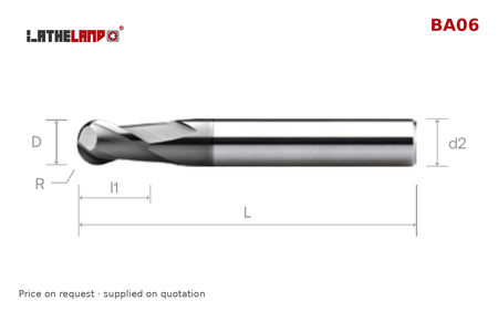 LATHELAND® Ball Nose Cutter, with neck recess, 36–50 HRC, 2 Flutes – BA06 – dimension drawing