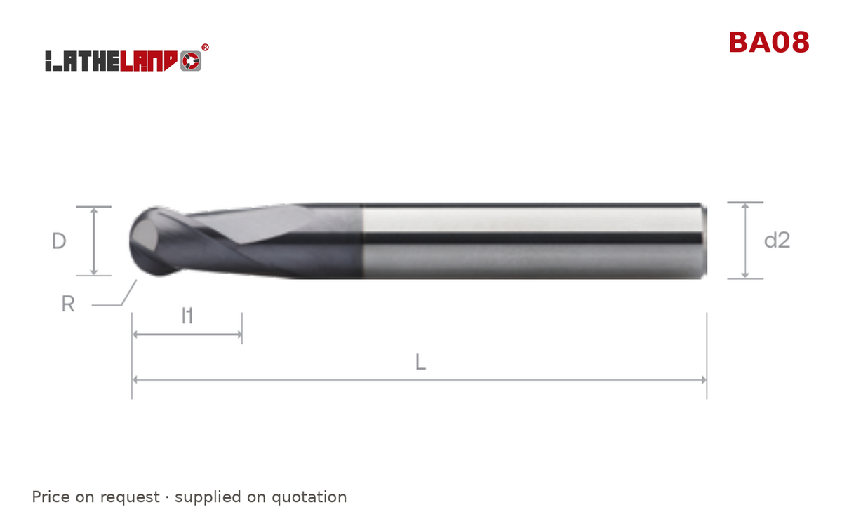 LATHELAND® Long Ball Nose Cutter, 36–50 HRC, 2 Flutes, AlTiN – BA08 – dimension drawing
