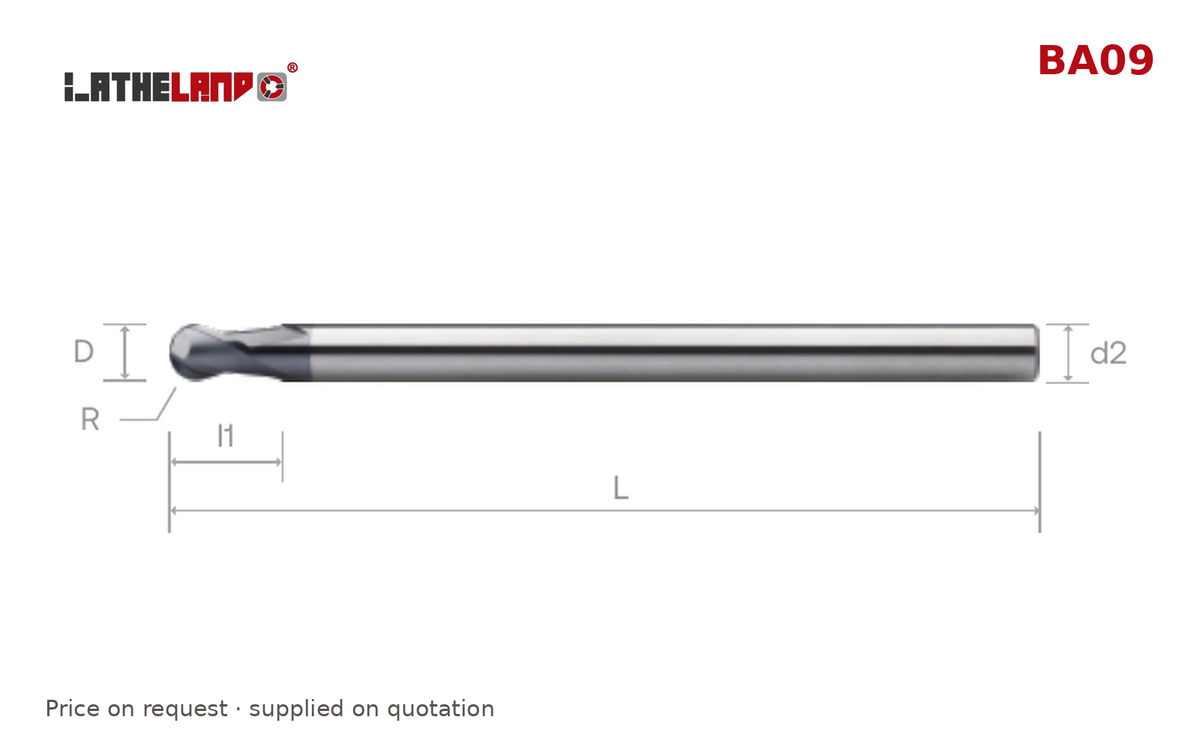 LATHELAND® Extra-Long Ball Nose Cutter, 36–50 HRC, 2 Flutes, AlTiN – BA09 – dimension drawing