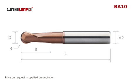 LATHELAND® Ball Nose Cutter, 36–50 HRC, 2 Flutes, AlTiN / TiSiN multilayer – BA10 – dimension drawing