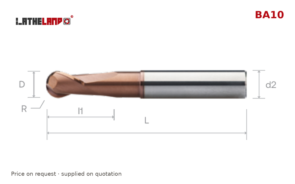 LATHELAND® Ball Nose Cutter, 36–50 HRC, 2 Flutes, AlTiN / TiSiN multilayer – BA10 – dimension drawing