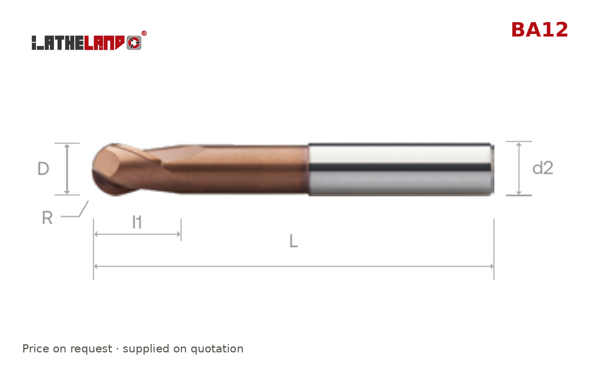 LATHELAND® Long Ball Nose Cutter, 36–50 HRC, 2 Flutes, AlTiN / TiSiN multilayer – BA12 – dimension drawing