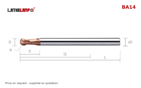 LATHELAND® Extra-Long Ball Nose Cutter, with neck recess, 36–50 HRC, 2 Flutes – BA14 – dimension drawing