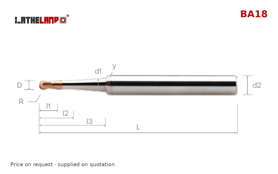 LATHELAND® Ball Nose Cutter with Taper Neck, 36–50 HRC, 2 Flutes – BA18 – dimension drawing