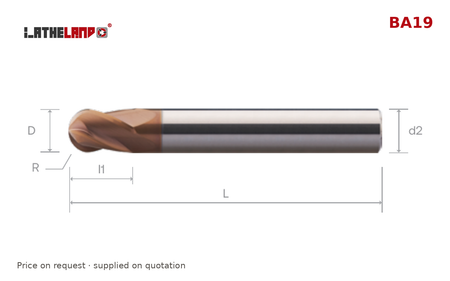 LATHELAND® Ball Nose Cutter, 53–68 HRC, 4 Flutes – BA19 – dimension drawing