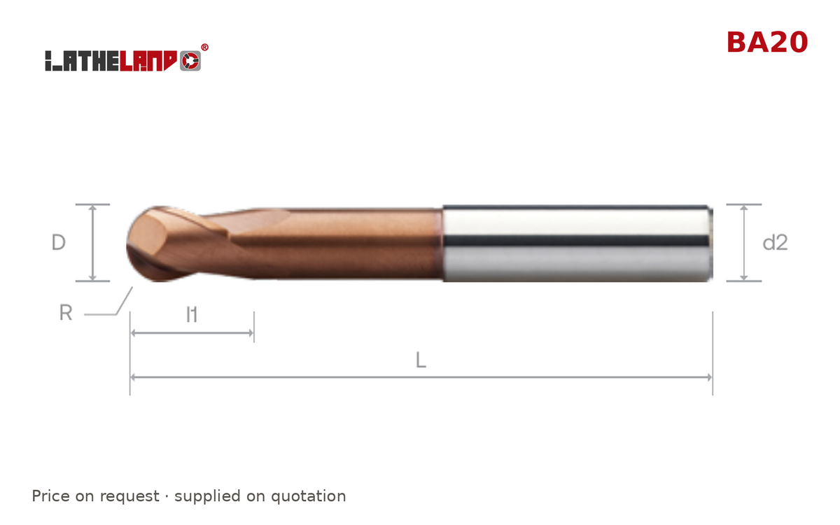 LATHELAND® Long Ball Nose Cutter, 53–68 HRC, 2 Flutes – BA20 – dimension drawing