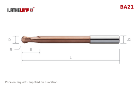 LATHELAND® Extra-Long Ball Nose Cutter, 53–68 HRC, 2 Flutes – BA21 – dimension drawing