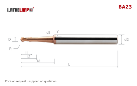 LATHELAND® Ball Nose Cutter with Taper Neck, 53–68 HRC, 2 Flutes – BA23 – dimension drawing