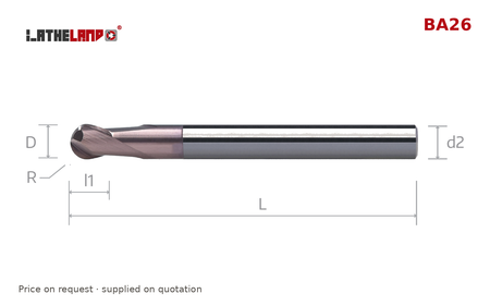 LATHELAND® Ball Nose Cutter, 50–70 HRC, 2 Flutes – BA26 – dimension drawing