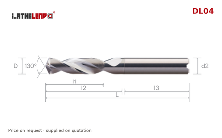 LATHELAND® Coolant-Through Aluminium Drill 3×D, 130° point – DL04 – dimension drawing