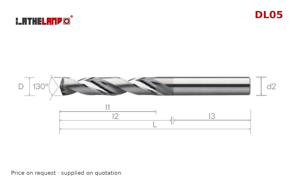 LATHELAND® Coolant-Through Aluminium Drill 5×D, 130° point – DL05 – dimension drawing