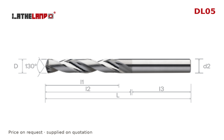LATHELAND® Coolant-Through Aluminium Drill 5×D, 130° point – DL05 – dimension drawing