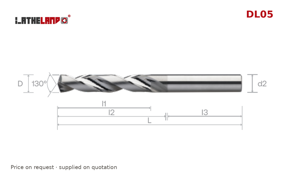 LATHELAND® Coolant-Through Aluminium Drill 5×D, 130° point – DL05 – dimension drawing
