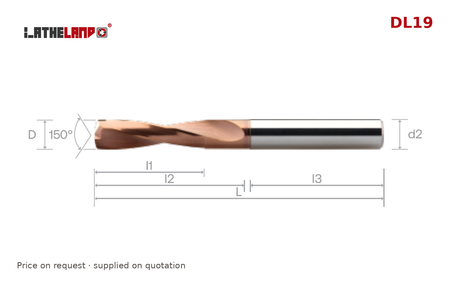 LATHELAND® Hard-Material Drill 5×D, 150° point – DL19 – dimension drawing