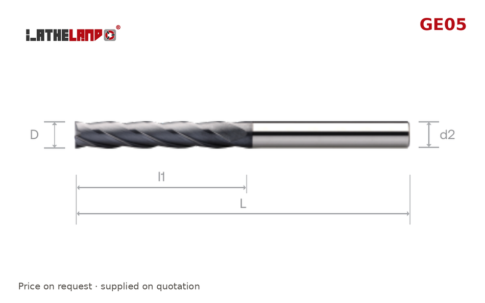 LATHELAND® Extra-Long End Mill for General Machining, 4 Flutes, 30° helix – GE05 – dimension drawing