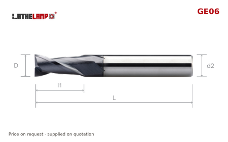 LATHELAND® End Mill for General Machining, 2 Flutes, 40° helix – GE06 – dimension drawing