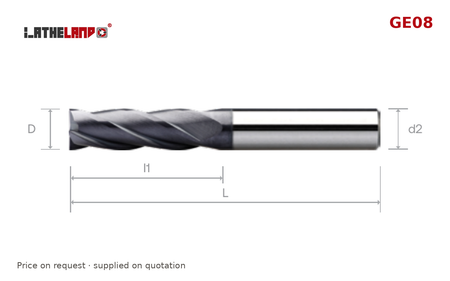 LATHELAND® Long End Mill for General Machining, 4 Flutes, 40° helix – GE08 – dimension drawing