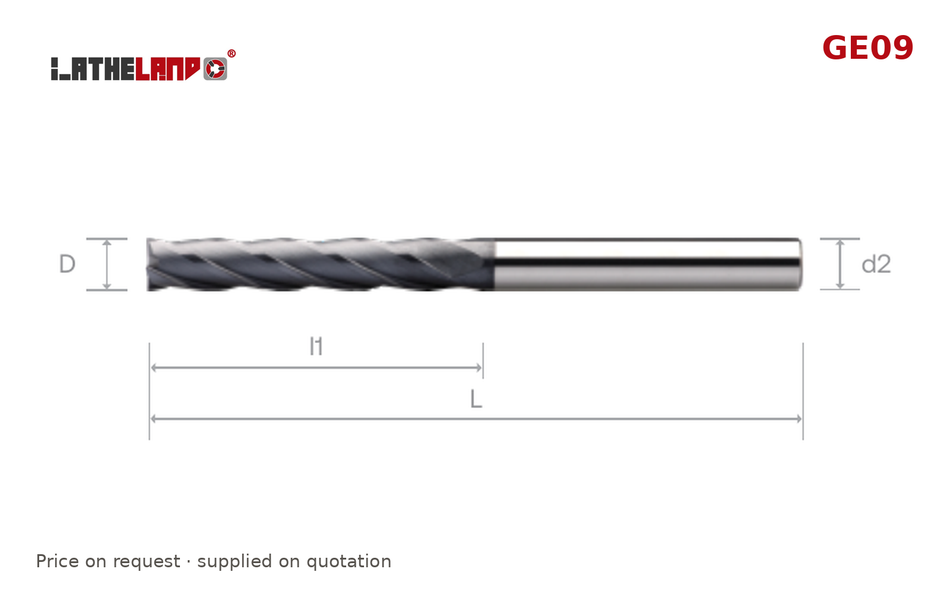 LATHELAND® Extra-Long End Mill for General Machining, 4 Flutes, 40° helix – GE09 – dimension drawing