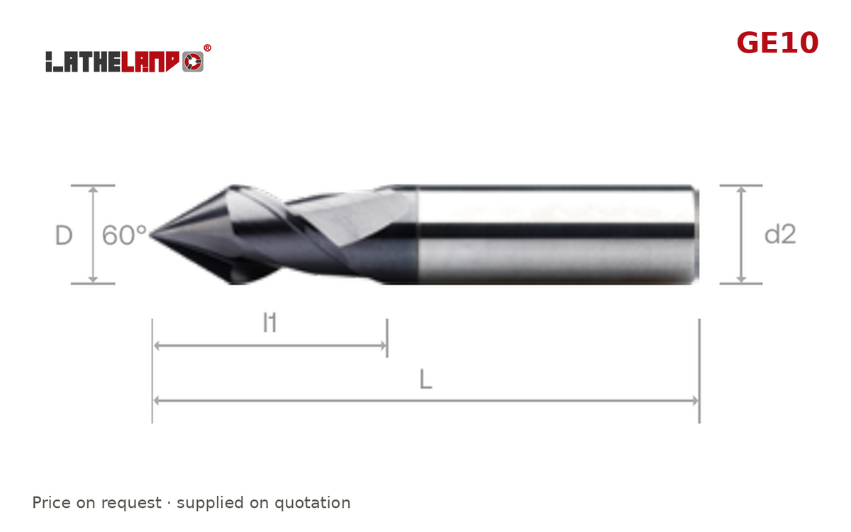 LATHELAND® Multi-Purpose End Mill for General Machining, 60° point (spot, chamfer, mill), 2 Flutes – GE10 – dimension drawing
