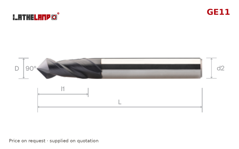 LATHELAND® Multi-Purpose End Mill for General Machining, 90° point (spot, chamfer, mill), 2 Flutes – GE11 – dimension drawing