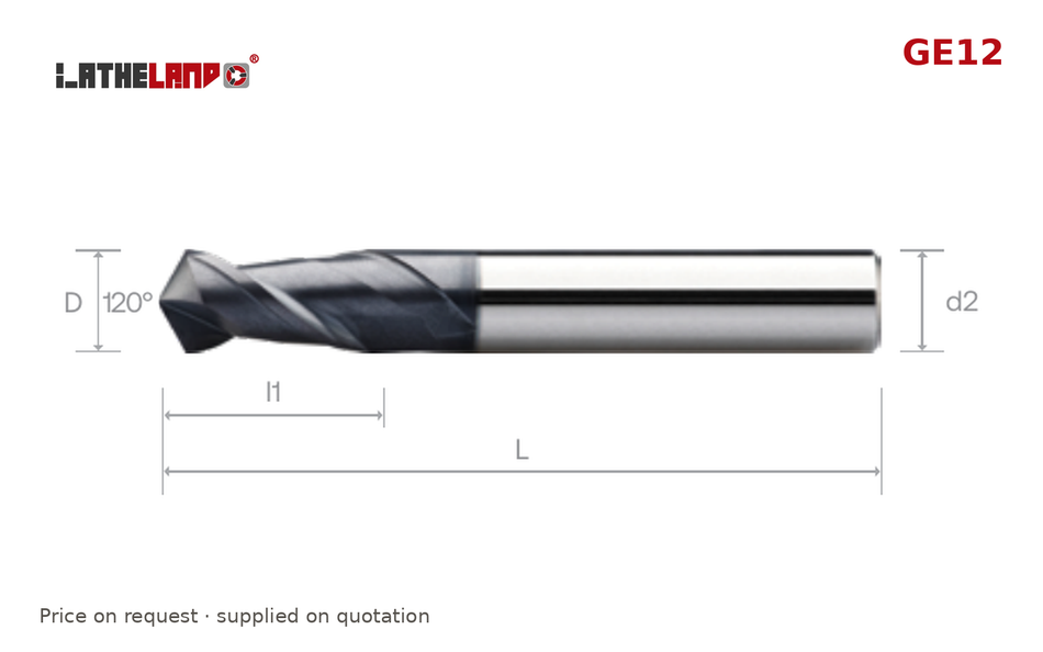 LATHELAND® Multi-Purpose End Mill for General Machining, 120° point (spot, chamfer, mill), 2 Flutes – GE12 – dimension drawing