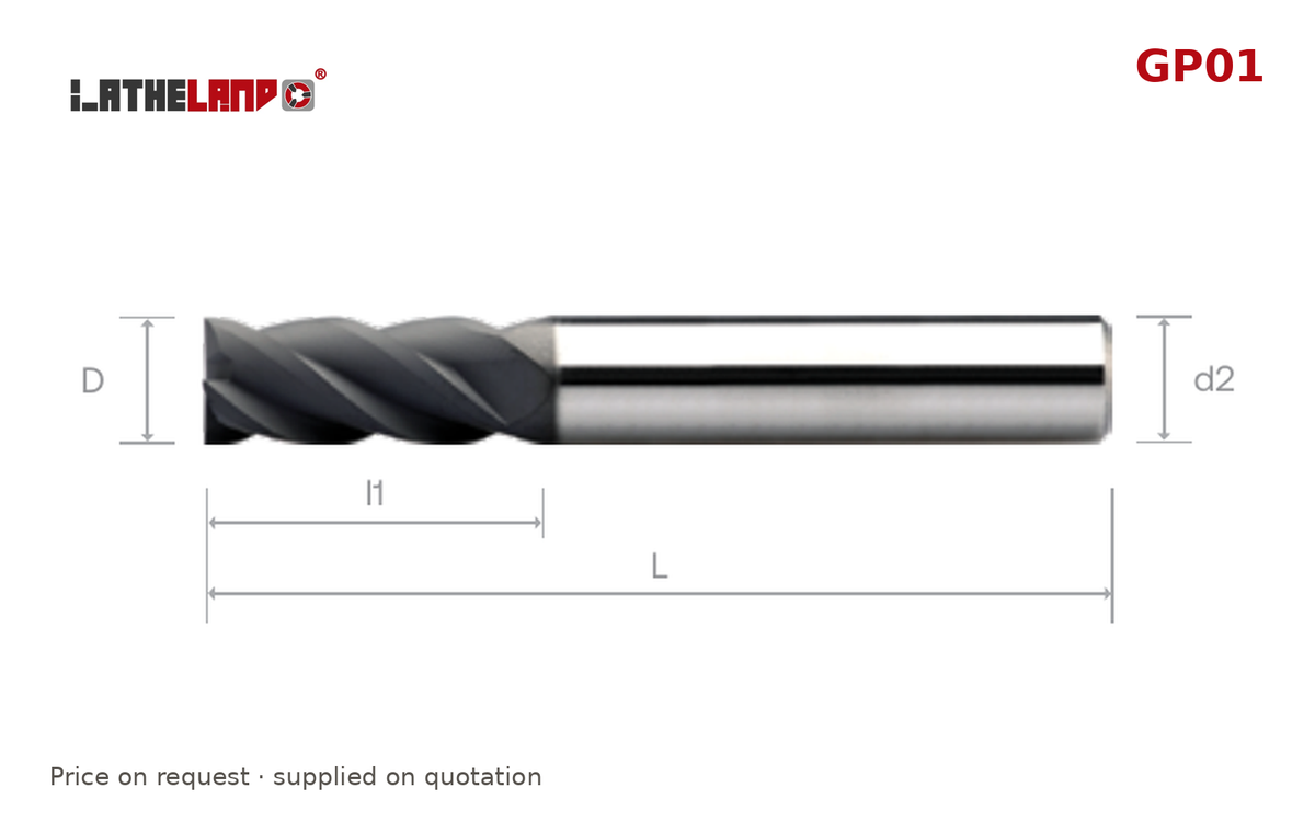 LATHELAND® Diamond-Coated Graphite End Mill, 4 Flutes – GP01 – dimension drawing