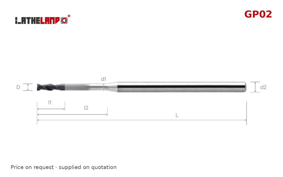 LATHELAND® Diamond-Coated Graphite End Mill with Long Neck, 2 Flutes – GP02 – dimension drawing