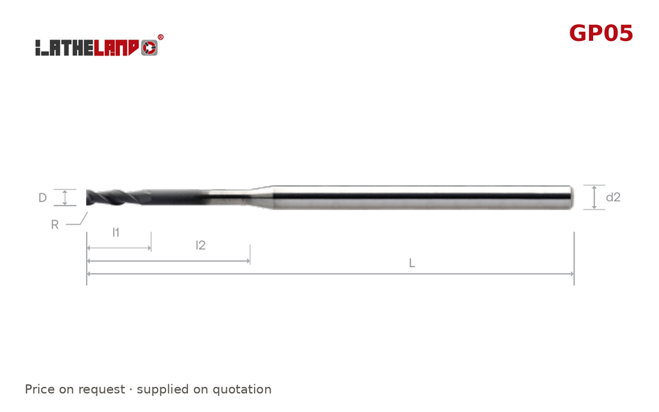 LATHELAND® Diamond-Coated Graphite End Mill with Long Neck, 4 Flutes, with corner radius – GP05 – dimension drawing