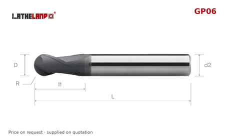LATHELAND® Diamond-Coated Graphite Ball Nose Cutter, 2 Flutes – GP06 – dimension drawing